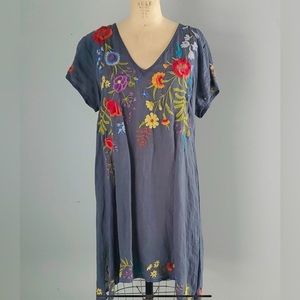 Johnny Was Charcoal Ramie V-neck Tunic Summer Dress Embroidered Floral M euc